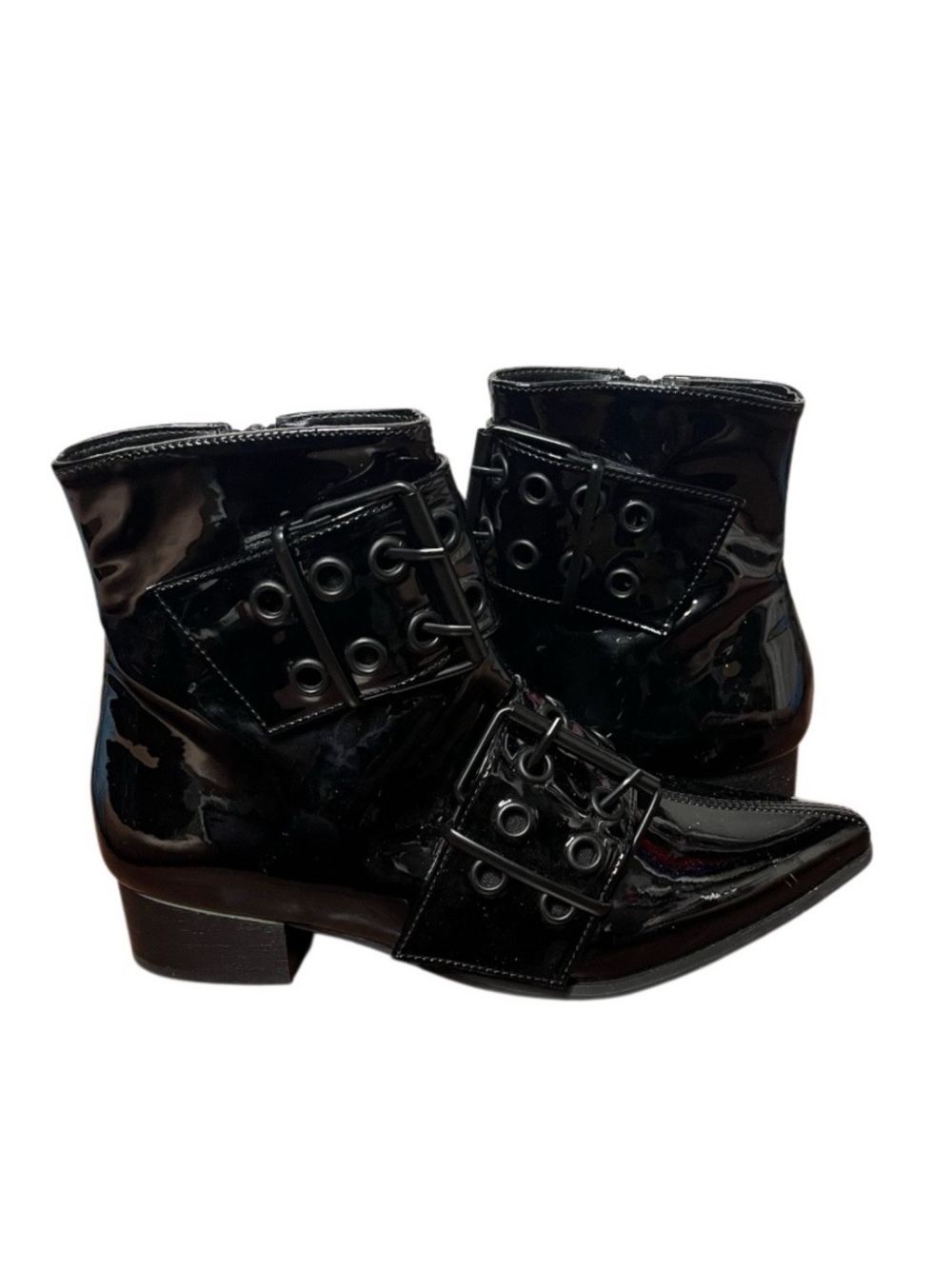 DEMONIA Warlock Boots Black Patent Vegan Leather Goth 2 Wide Straps Mens Size 8